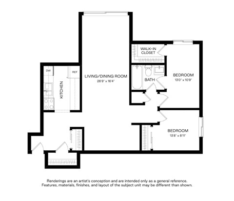 Floor plan for 2 beds, 1 bath, 1078 sqft